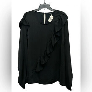 Lane Bryant Ruffle Detail Blouse 28 Satin Crepe Keyhole Back Sleeve Black NWT